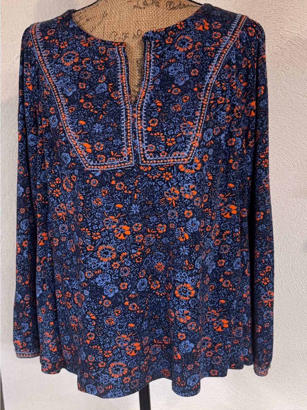 J. Jill Navy Tunic with Blue and Orange Floral Print